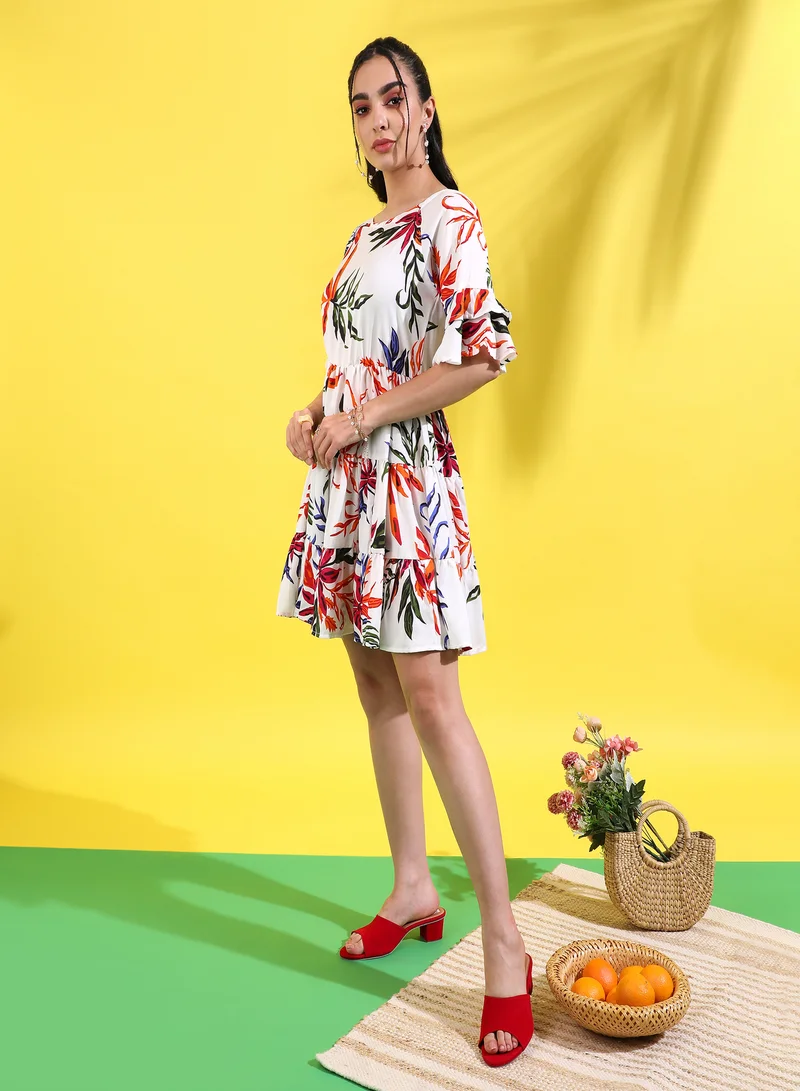 Pinacolada  Women's Printed Multicolour Short Sleeve Mini Length Regular Fit Dress For Casual Wear | Crewneck Dress Crafted With Comfort Fit And High Performance For Everyday Wear for Women | Best Price UAE